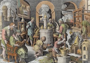 Distillatie, kokend water om het te zuiveren, gegraveerd door Philip Galle (1537-1612) door Jan van der Straet